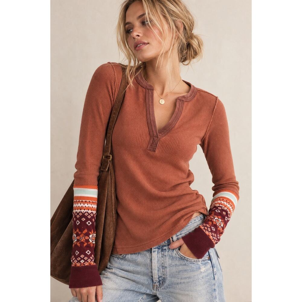 Free People We The Free Mikah Thermal Top XS Autumn Fair Isle Cuff Boho Henley